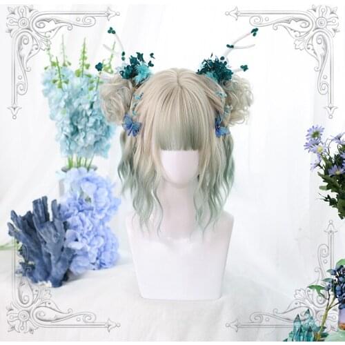 Female Short Wavy Wig White Gradual Change Cyan Hair Tail Heat Resistant For Women Wigs Cosplay Party