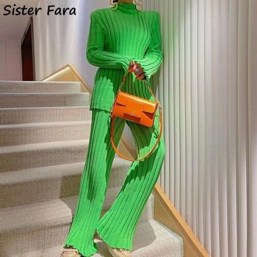 Sister Fara 2021 Winter Turtleneck Striped Sweater Womens Two Piece Suit+High Waist Wide Leg Pants Autumn Female 2 Piece Set