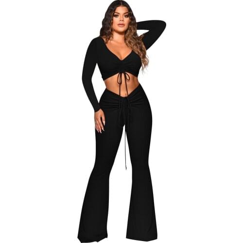 Women Casual Two Piece Set Outfit Crop Tops Flare Pants Streetwear Tracksuits 2 Piece Outfits for Women
