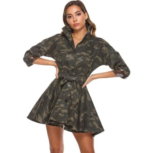 Womens Camouflage Stitched Sequined 3/4 Sleeve Belted Dress