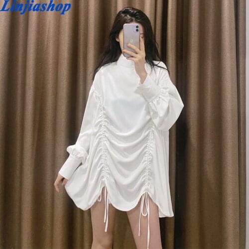 Spring Summer women mini dress loose black white drawstring chic female pleated dresses