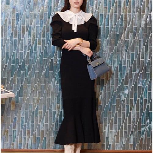 Sweet Ruffles Detachable Peter Pan Collar Elegant Dress Puff Sleeve Slim Trumpet Long Robe Japanese Fall Chic Knitted Vestidos