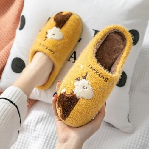 Winter Cotton Shoes Women Men Lovers Cartoons Deer Plush Warm Ladies Slippers Indoor Bedroom Soft Platform Adult Female Slippers