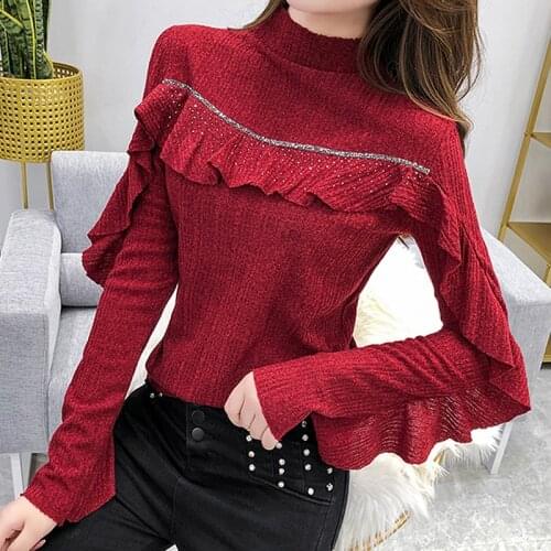 #5557 Black Red Turtleneck T Shirt Women Spliced Ruffles Sexy Stretch T-shirt Femme Slim Basic Long Sleeve Tshirt Korean Fashion