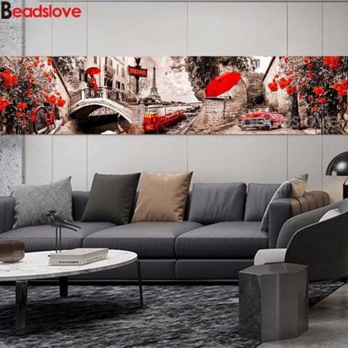 Large Size Paris street Landscape DIY Diamond Painting 5d full square round diamond Embroidery Bicycle red umbrella flowers