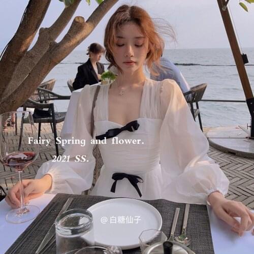 Bella Philosophy New Long Puff Sleeve Bowknot Chiffon Long Dress Female 2021 Autumn Fairy Long Dress Sweet Princess Midi Dress