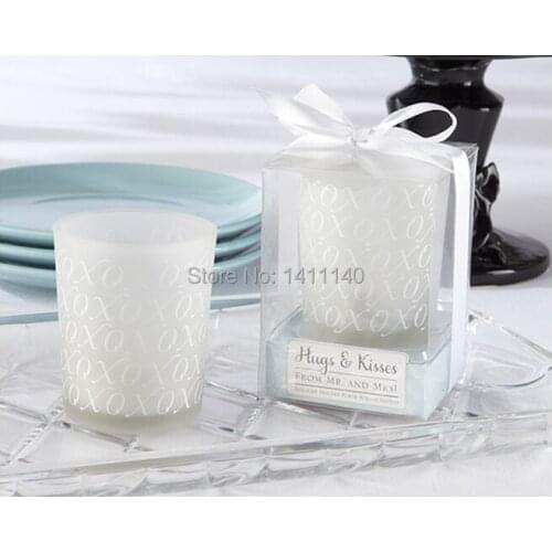 Free shipping "Hugs & Kisses Frosted-Glass Tealight Holder wedding candle romantic favors gifts in event & party supplies