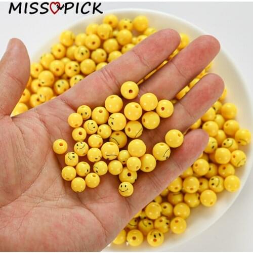 50pcs 8/10mm Acrylic Beads Round Yellow Smiley Face Loose Spacer Beads for Jewelry Making DIY Bracelet Necklace Accessories