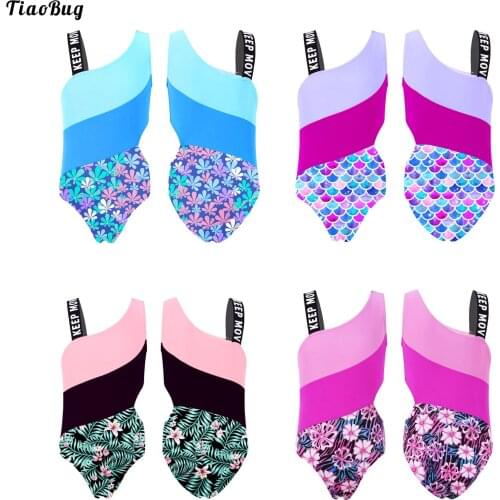 TiaoBug Summer Kids Girls Swimming Jumpsuit Asymmetrical Shoulder Straps Patchwork Hollow Out Waist Beach Pool Bathing Bodysuit