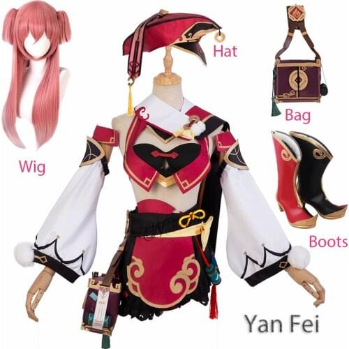 Genshin Impact Costume Yan Fei Cosplay Wig Shoes Bag Yanfei Dress Halloween Party Game Clothes For Women Girls Anime Suit