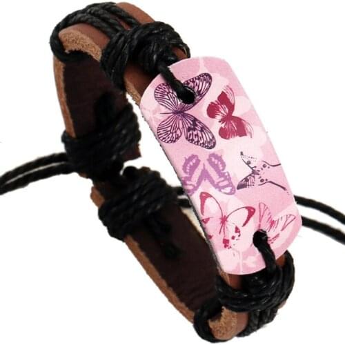 Fashion Women Butterfly Bracelet Vintage Retro Pink Charm Genuine Leather Casual Bangle Wrap Adjustable Wristband Hippie Jewelry