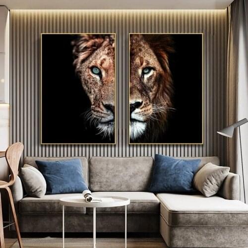 Male Lion And Lioness A Half Face Canvas Paintings Animal Wall Art Modern Decorative Posters And Prints Canvas Pictures for Room