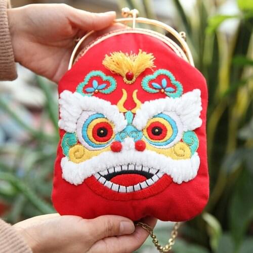 DIY Chinese Awakened Lion Handbag Embroidery Kit Handmade Clutch Sewing Cross Stitch Set Arch Metal Purse Bag For Child Womann
