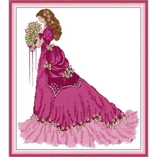 Joy Sunday cross-stitch embroidery kit bride in red dress character pattern handmade embroidery needlework DIY decoration gift