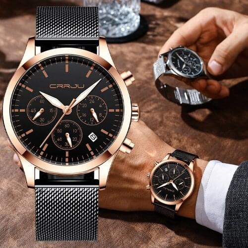 CRRJU Mens Stylish Sport Casual Calendar WristWatch waterproof Luminous Pointer Quartz watches Black Mesh Strap reloj hombre