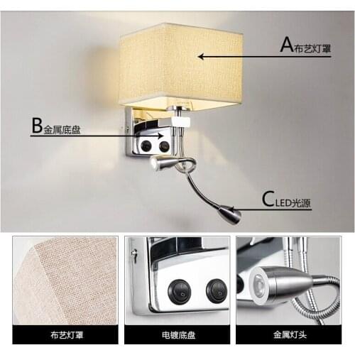 New Flexible Hose LED Wall Lamps 2w Silver with sackcloth white/black/beige lamp shade Bedside Reading Light Study Wall Lighting