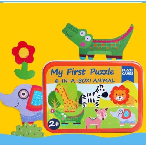 Large Pieces Puzzles Wooden Animal Traffic Puzzle Toys Iron Box Storage Childrens Educational Toys Puzzles Friendly Material
