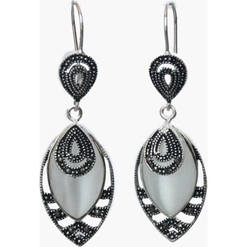 Pretty Vintage Opals Inlay Marcasite 925 Silver Hooks Earrings 21/5"