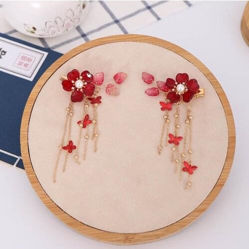 FORSEVEN Chinese Bridal Bride Wedding Hair Jewelry Crystal Red Butterfly Flower Hairclip Long Tassels Hairpins Dress Headwear