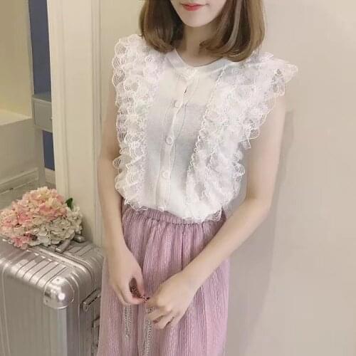 Camisas De Mujer 2021 Summer Knitted Shirt Button Tops Women Blouse Lace Patchwork Sleeveless Womens Shirt Thin Clothes 15197