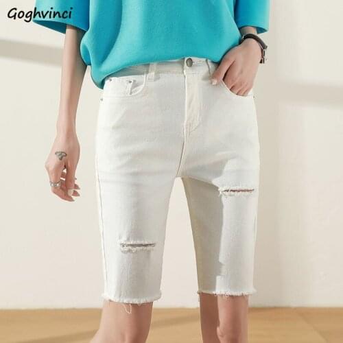 Women Denim Solid Jeans Knee Length Straight Skinny Riding Shorts High Waist Elasticity Street Fashionable Hole Summer Chic
