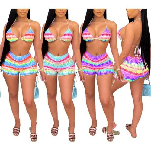 Women Two Piece Swimsuits Female Bathing Suits Biquini Summer Halter Neck Padded Bikinis Corset + Shorts Swimming Clothes Femme