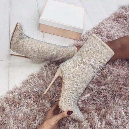 New Arrivals Mid Calf Boots for Women Pointed Toe Black Beige Crystal Embellished High Heel Boots Zipper Shoes Winter Woman