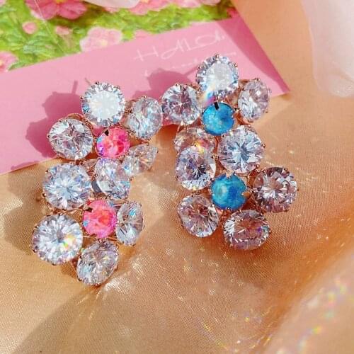 MENGJIQIAO Wholesale Korean Sweet Crystal Flower Stud Earrings For Women Fashion Elegant Bijoux Oorbellen Party Jewelry