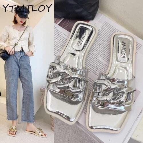 Womens Slippers Open Toe Metal Chain Hollow Slippers Solid Color Casual Flats Womens Gold Silver Beach Shoes