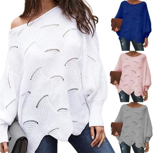 Solid Color Batwing Sleeve Knitted Sweater Flower Edge Hem Hollow O-Neck Women Knitwear for Autumn Winter