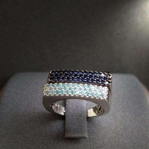 S925 sterling silver ring July new style pure silver lake blue diamond double layer rectangular ring female bohemian style