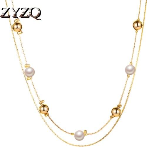 ZYZQ Sweet Gold Bead Double-Layer Necklace For Women Temperament Pearl Round Bead Clavicle Chain birthday Gift Jewelry