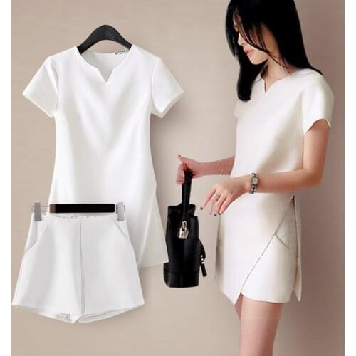 2020 New Womens Fashion White Black Suit Split Shirt and Shorts Summer Casual Ladies Office Workt Two-piece Suit Set