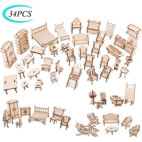 34PCS Set 3D Wooden Puzzle Toy 1:12 Mini Wooden Furniture 3D Building Model Doll House Accessories DIY Children Educational Toys