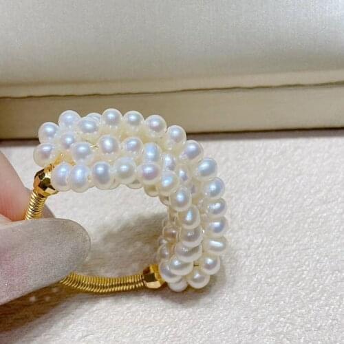 Free shipping hot sell designer oversize lady cluster ring high lustre small real pearl natural white color beads jewelry gift