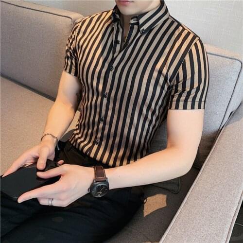 British Style Summer Short Shirt Men Fashion Business Formal Dress 2021 Slim Men Casual Striped Shirts Night Club Work Shirt Man