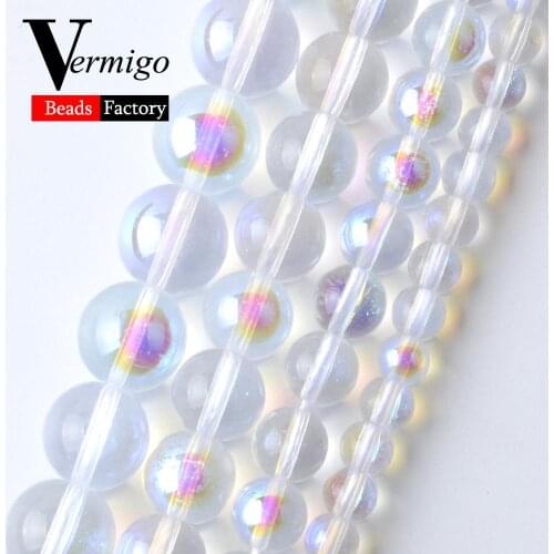 Natural Plated AB White Glass Beads For Jewelry Making 6 8 10 12mm Round Spacer Loose Beads Diy Bracelets Jewellery 15‘’ Strand