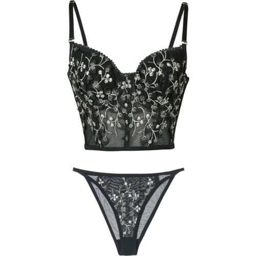 Woman Sexy Tight shaping bra borset vest Undewear Set Embroidery Flower Lace Ultra Thin Thong 2Pieces/set CYHWR