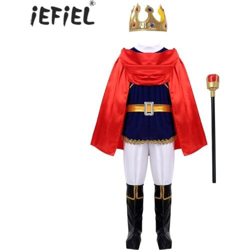 Kids Boys Medieval Prince Costume Children Halloween Cosplay Set Party Dress Up Tops with Pants Belt Cloak Scepter Shoe Covers