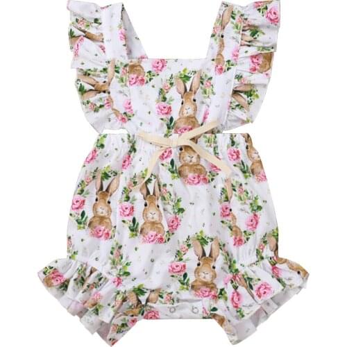 Infant Baby Girl Bodysuit Easter Bunny Print Jumpsuits Cute Ruffles Fly Sleeve Backless Bandage Bodysuit for Baby Girl 0-18M