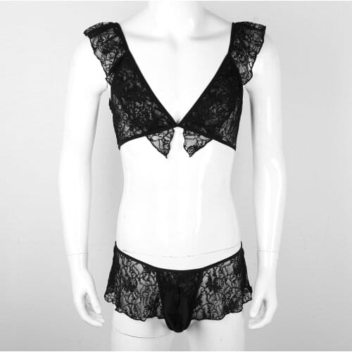 Men Erotic Sissy Lingerie Set Sheer Lace Sleepwear Bikini Sleeveless Bra Tops with Skirted G-string Thong Briefs Underwear M-XXL