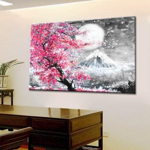 Japanese Style Cherry Blossom Fuji Mountain Watercolor Landscape Oil Painting Canvas Printing Wall Art Home Decoration Frameless