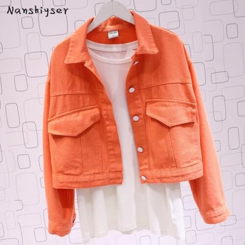 Autumn New Harajuku Candy color Cropped Denim jacket For Women Fashion Loose Big pocket Student Basic coat Female Cowboy jacket