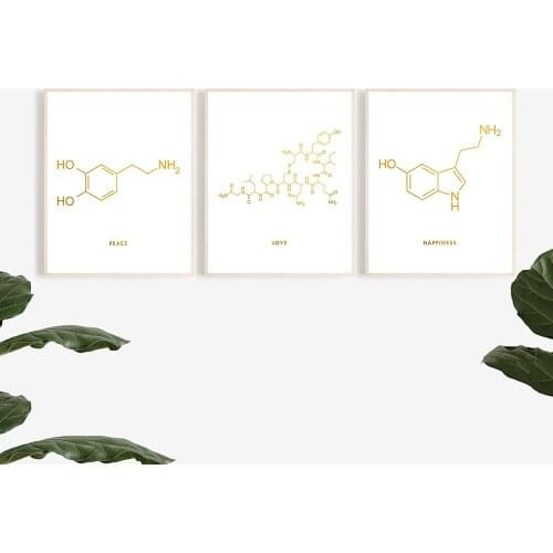 Peace Love Happiness Molecule Art Print Set of 3 - Dopamine Molecule - Oxytocin Molecule - Serotonin Molecule - Love Molecule