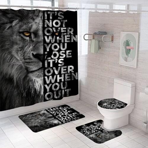 MLGB Head of Ferocious Lion Shower Curtain 4 PCS Toilet Lid Cover Anti-Slip Soft Rugs Bath Mat Kids Bathroom Set Home Decor