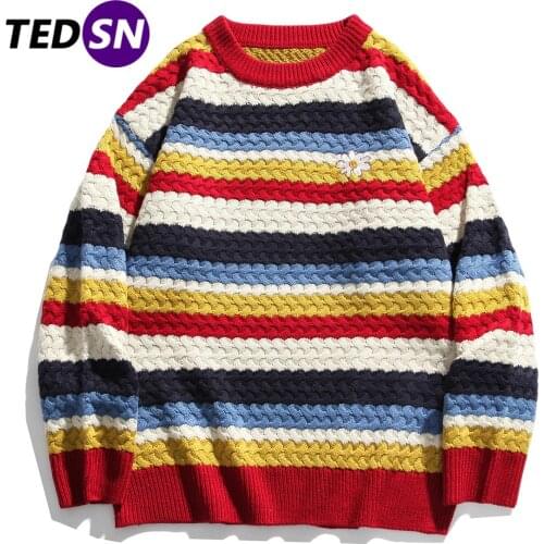 Striped Patchwork Mens Knitted Sweater Harajuku Color Block Sweater Oversize Cotton Loose Pullovers Jumpers Streetwear Hip Hop