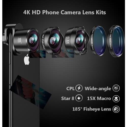 5in1 Mobile Phone Lens Kit HD 4K Wide Macro Super Fisheye Telescope Camera Lens for iPhone XR Samsung S10 all smartphone