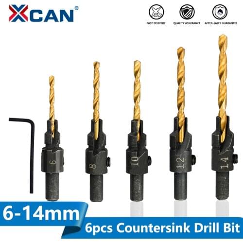 XCAN 6pcs Countersink Drill Bit Set Titanium Coated HSS Wood Hole Drill Cutter Round Shank Twist Drill Bit #6#8#10#12#14
