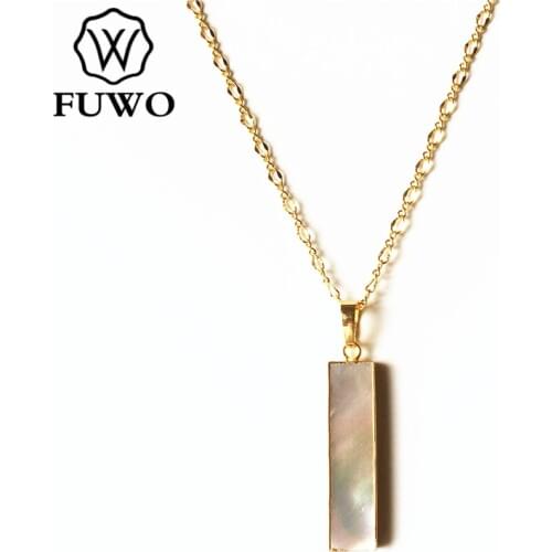 FUWO Natural Mother of Pearl White Shell Necklace With Gold Brass Chain Simple Design Rectangle Shell Jewelry Wholesale NC533