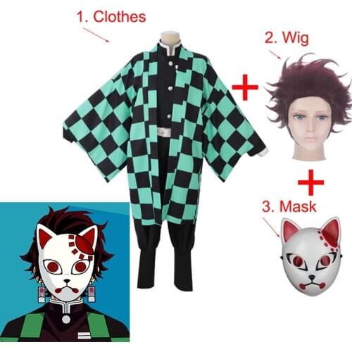 Demon Slayer Kimetsu no Yaiba Kamado Tanjirou nezuko Full Set Cosplay Costume Mask Wig Halloween Costume for child adult